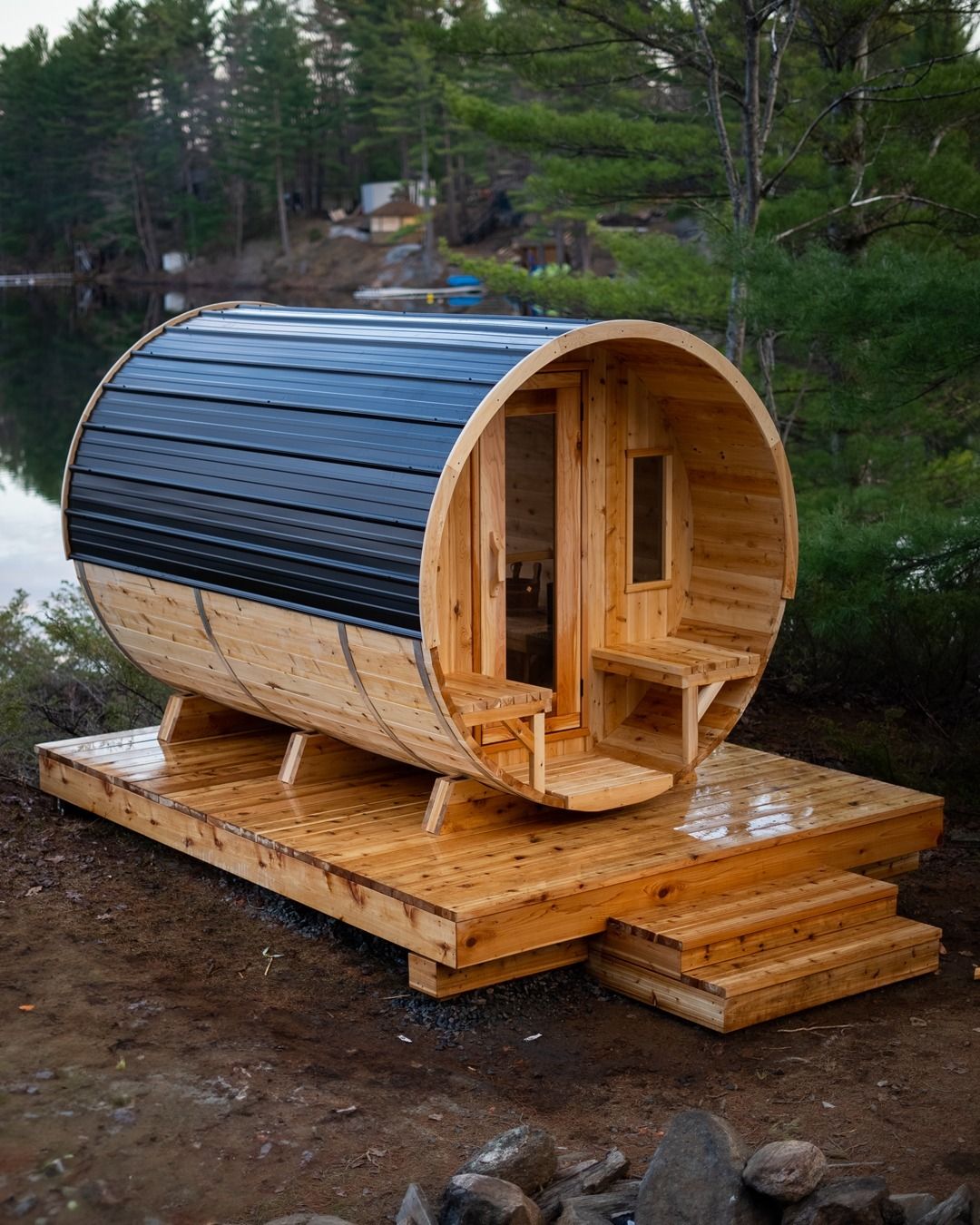 SaunaPremium home sauna lifestyle scene — sauna heater glowing