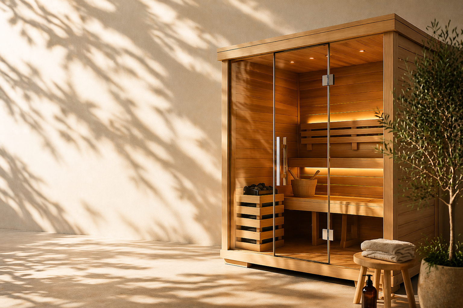 SaunaPremium outdoor sauna in a wooded backyard setting at dusk — flagship lifestyle image