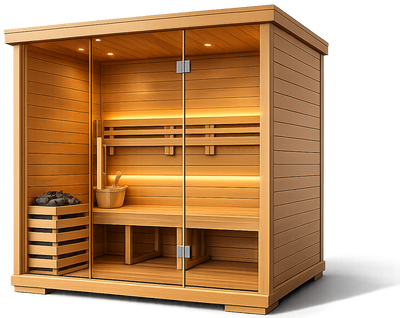 SaunaPremium outdoor barrel sauna with snow-dusted Nordic Spruce exterior