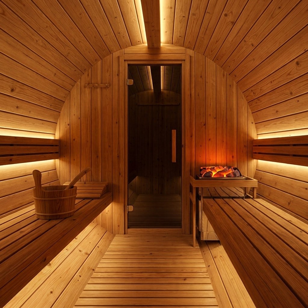 SaunaPremium Fjordline 6 outdoor barrel sauna — interior view