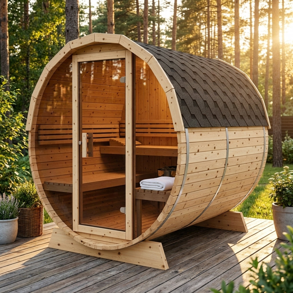 SaunaPremium Fjordline 6 outdoor barrel sauna — lifestyle summer view