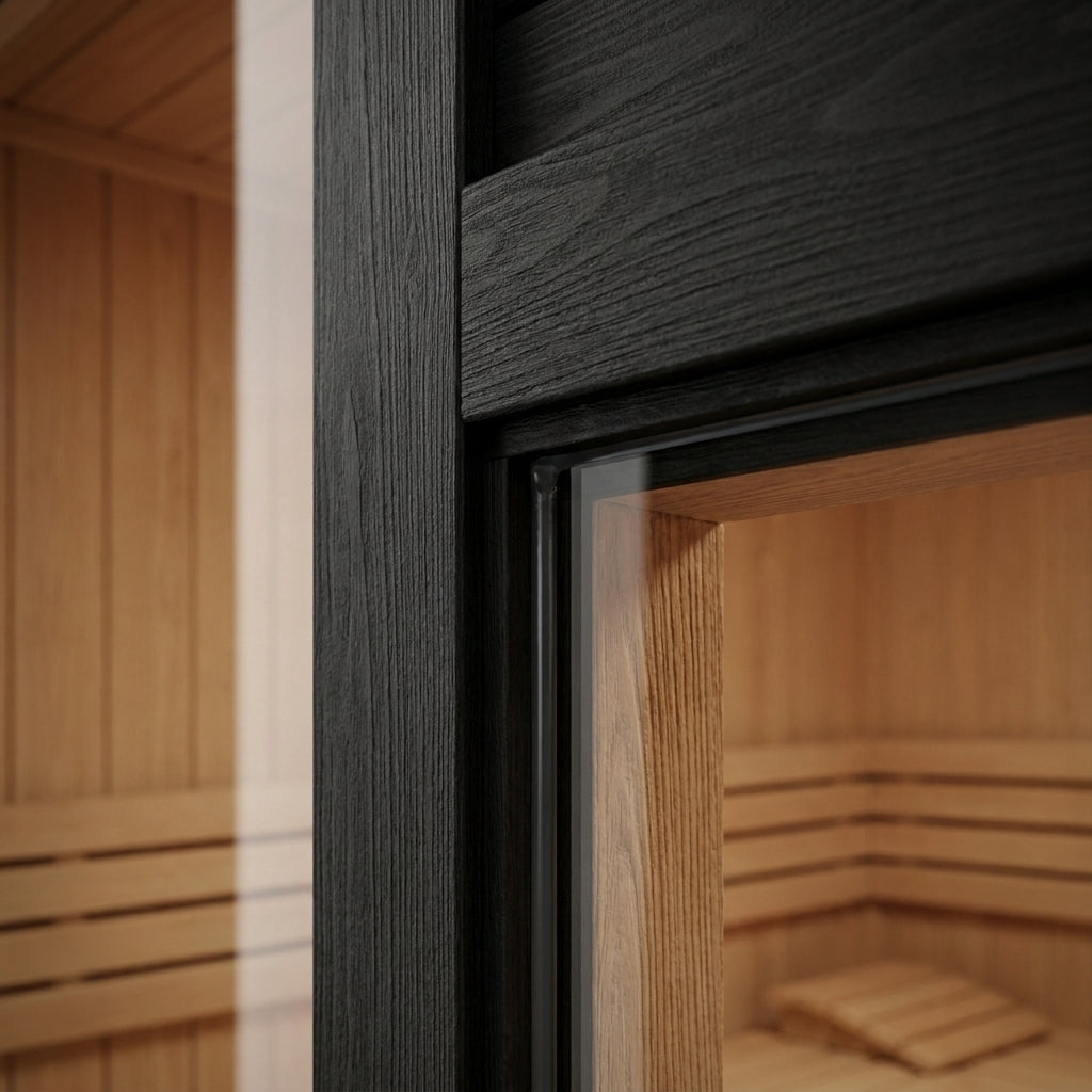 SaunaPremium Monolith 6 outdoor cube sauna — detail facade view
