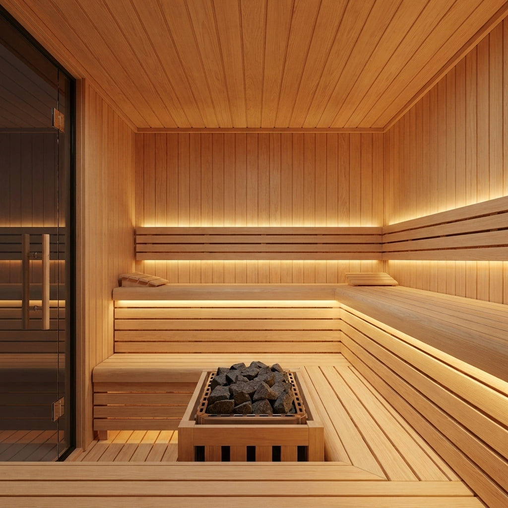 SaunaPremium Monolith 6 outdoor cube sauna — interior wide view