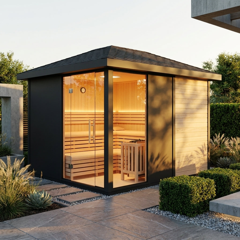 SaunaPremium Monolith 6 outdoor cube sauna — lifestyle garden view
