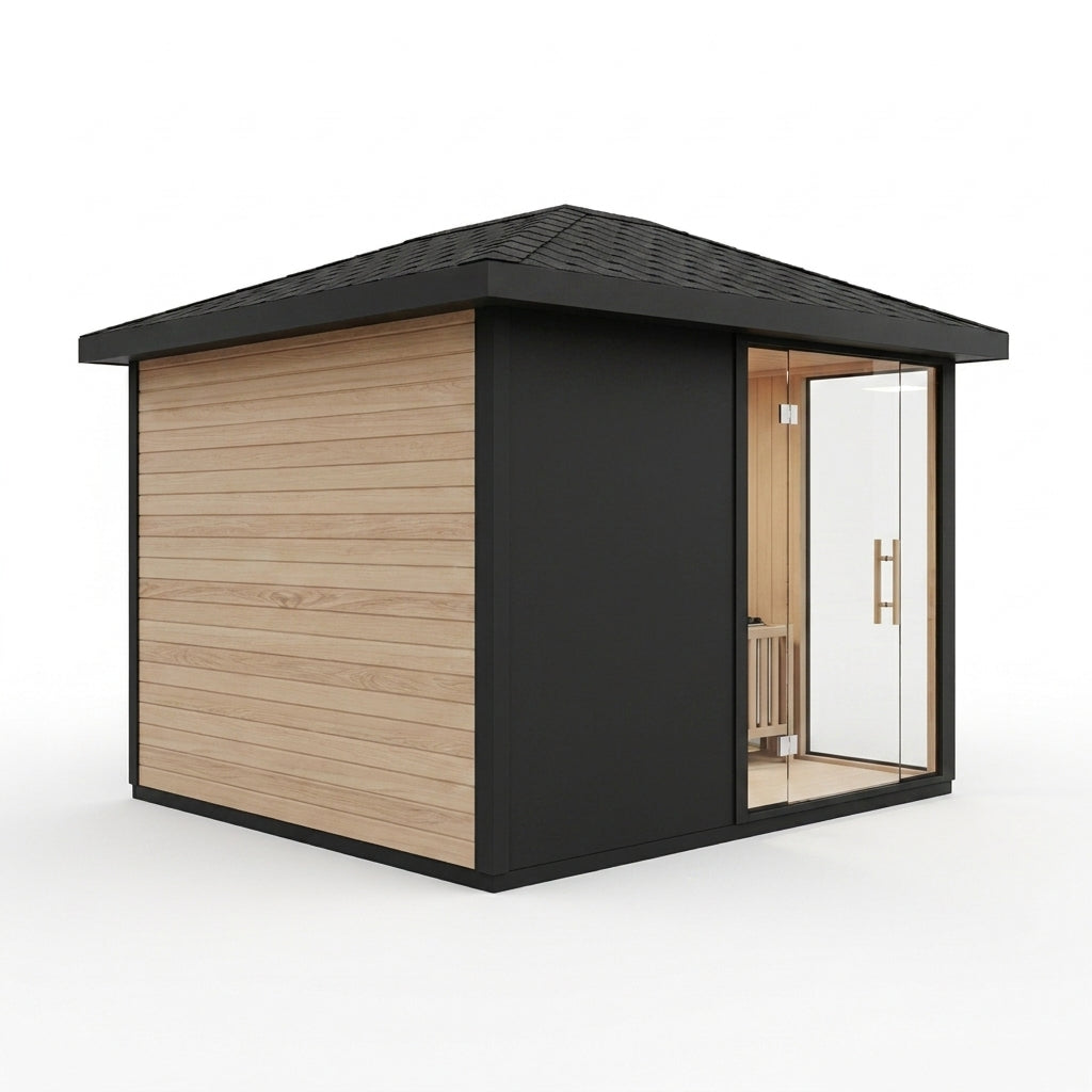 SaunaPremium Monolith 6 outdoor cube sauna — opposite side view