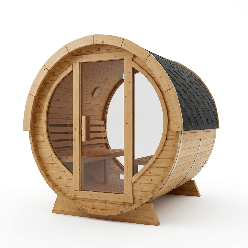 SaunaPremium Panorama 4 outdoor barrel sauna with panoramic glass — front studio glass view