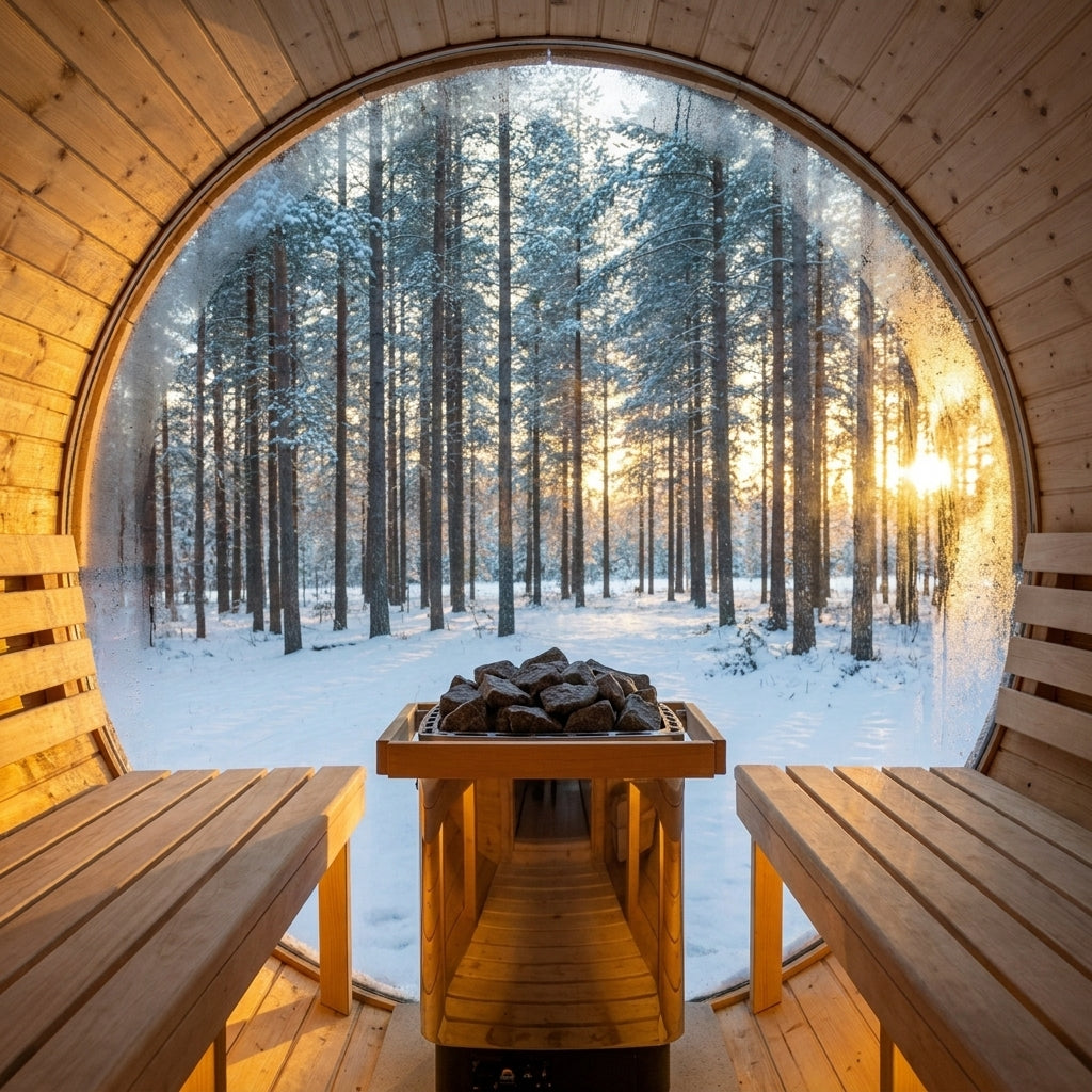SaunaPremium Panorama 4 outdoor barrel sauna with panoramic glass — interior view out view
