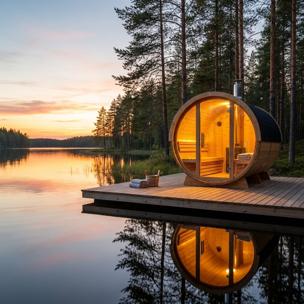 SaunaPremium Panorama 4 outdoor barrel sauna with panoramic glass — lifestyle lakeside view