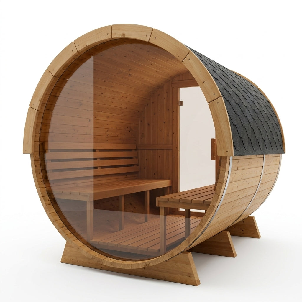 SaunaPremium Panorama 4 outdoor barrel sauna with panoramic glass — rear glass studio view