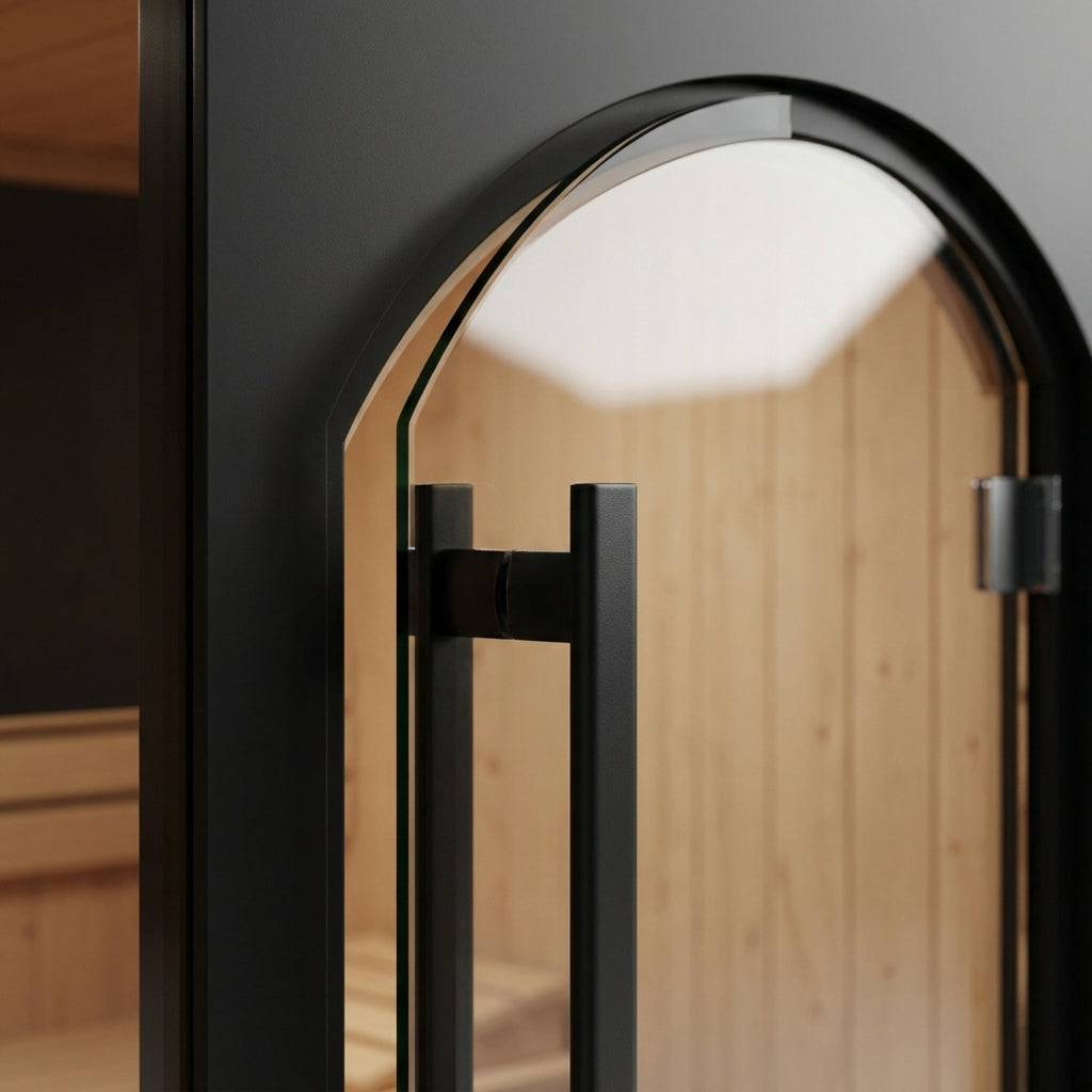 SaunaPremium Solis 2 compact outdoor cube sauna — detail arched door view