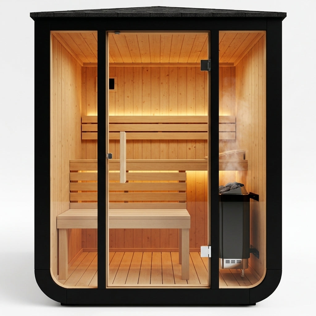 SaunaPremium Solis 2 compact outdoor cube sauna — interior compact view