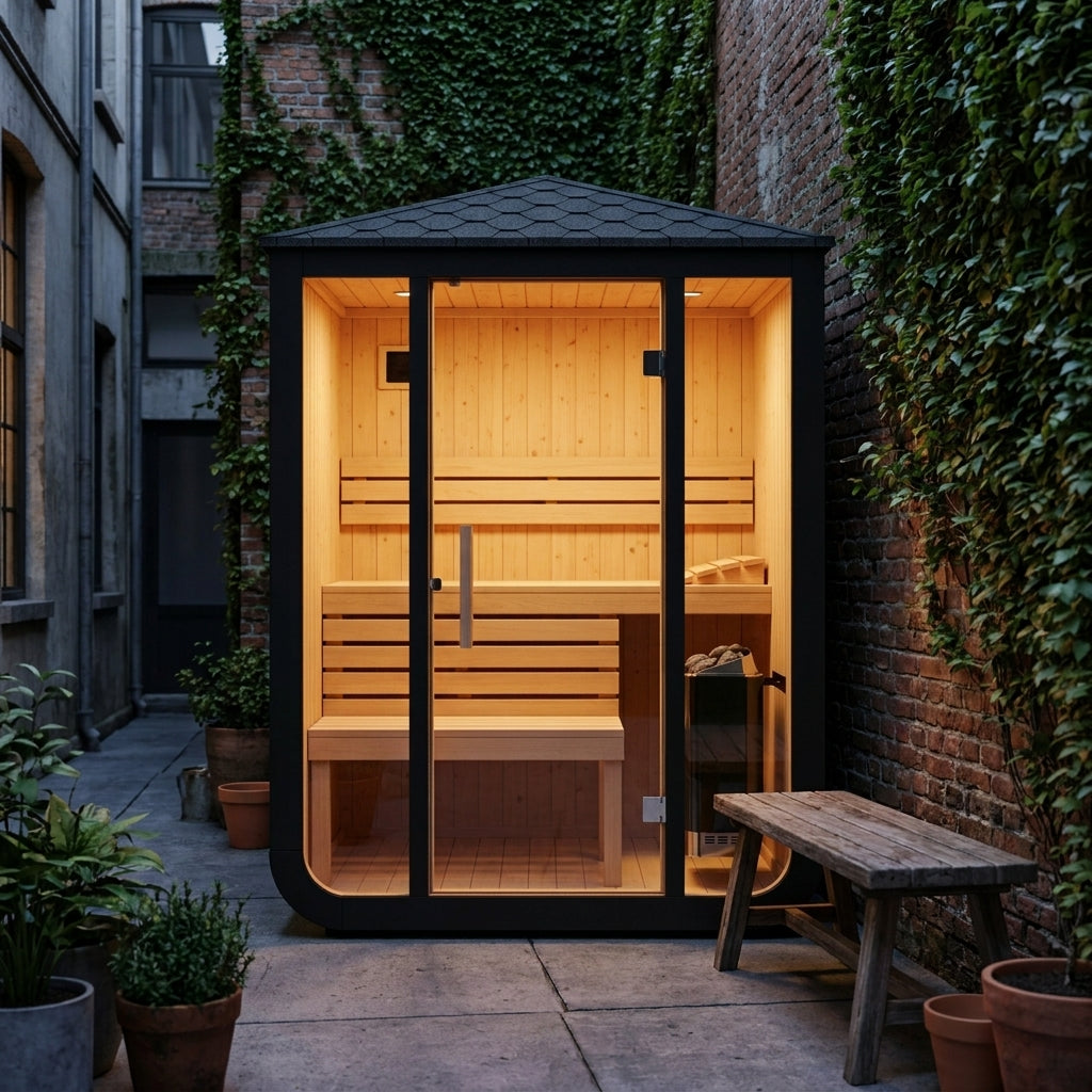 SaunaPremium Solis 2 compact outdoor cube sauna — lifestyle courtyard view