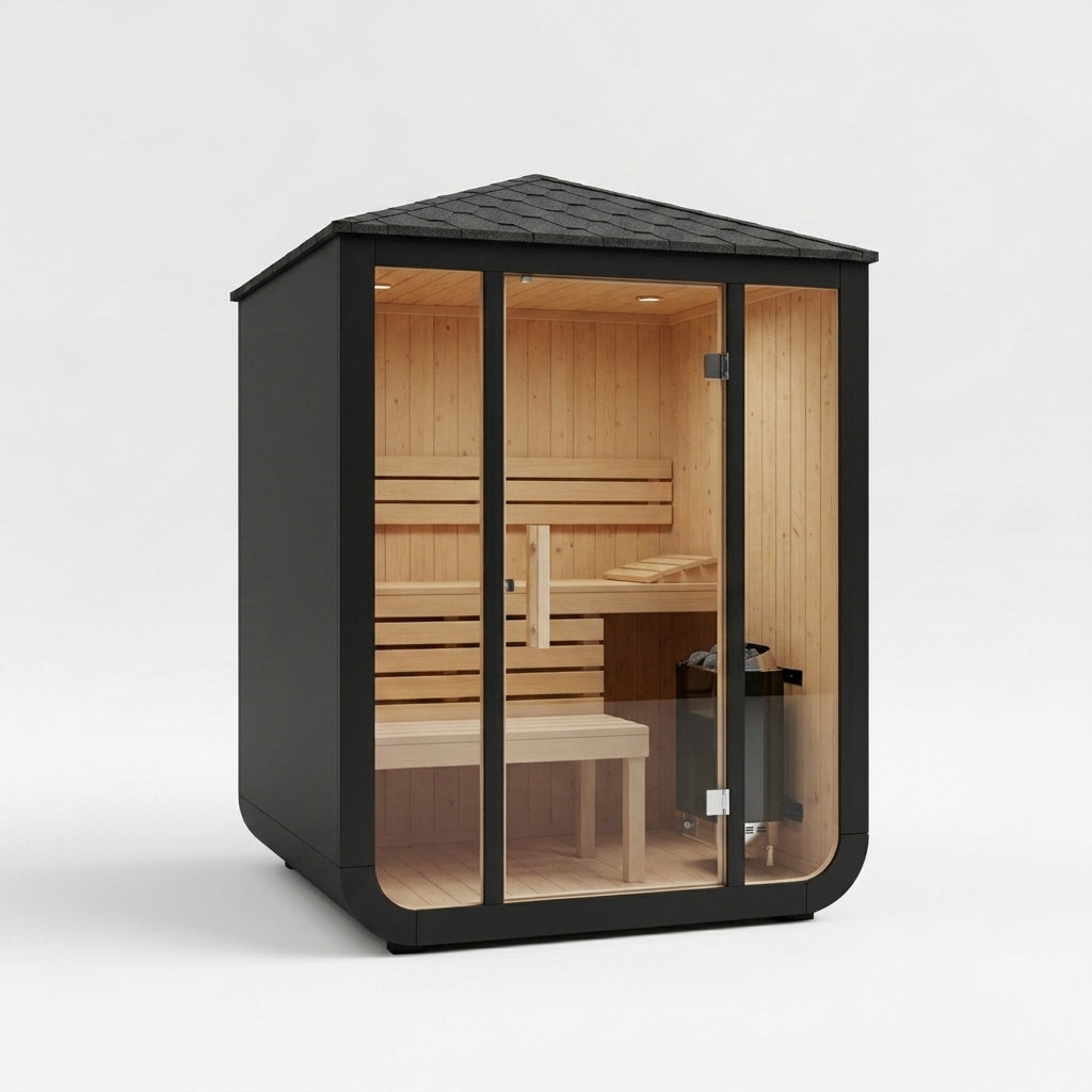 SaunaPremium Solis 2 compact outdoor cube sauna — side studio view